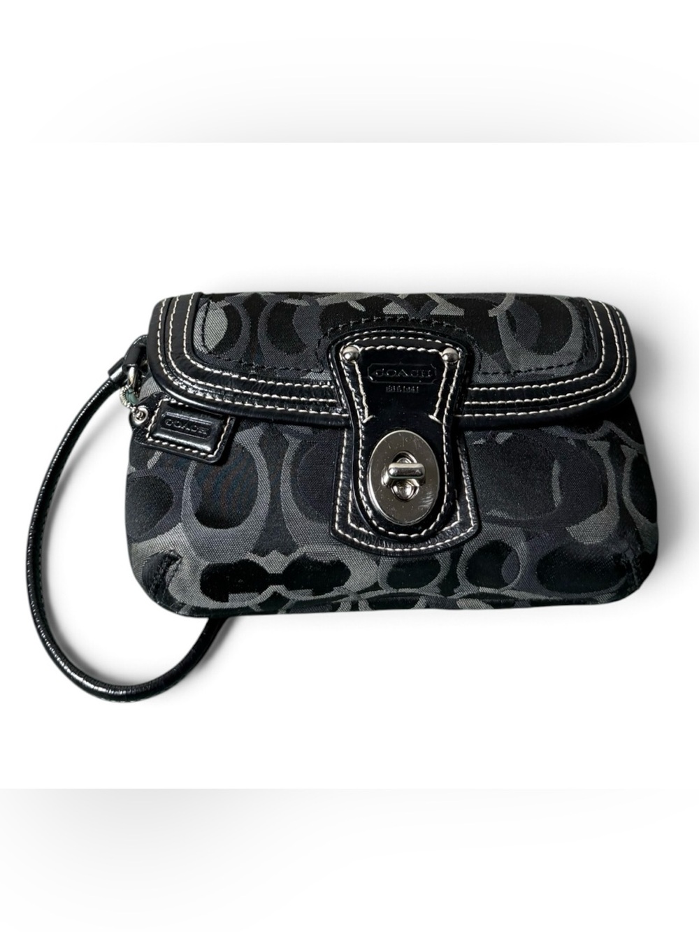 Vintage Y2K Coach Legacy Silver Turnlock Signature Canvas Wallet Wristlet Black